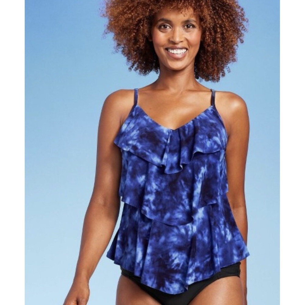 Women's Ruffle Tiered‎ Tankini Top Aqua Green Size Small 4-6 Tie-Dye Swim Top